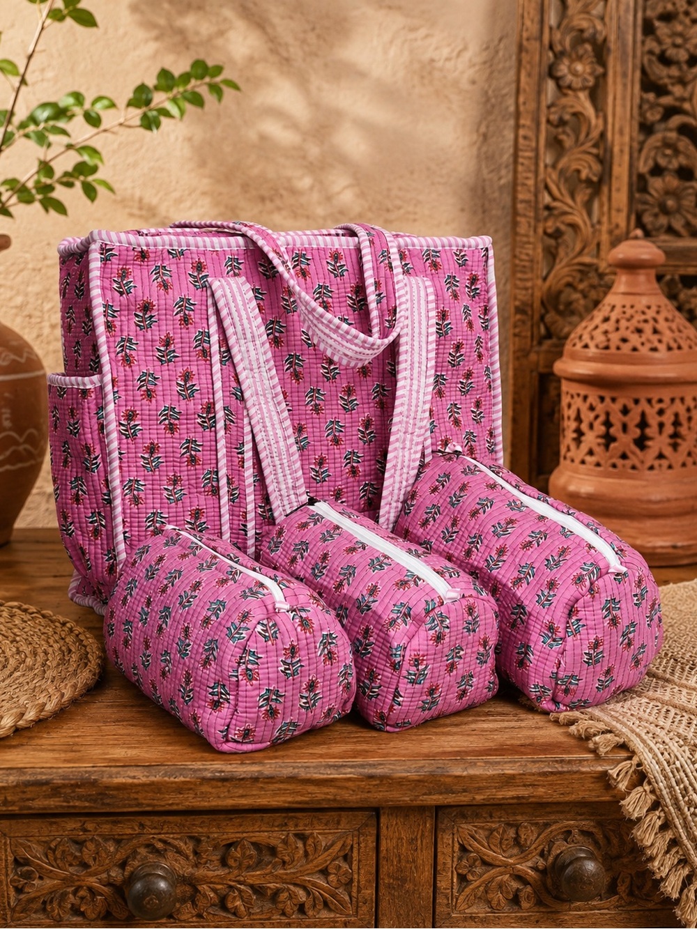 Pink Quilted Floral Travel Tote with Three Packing Pouches